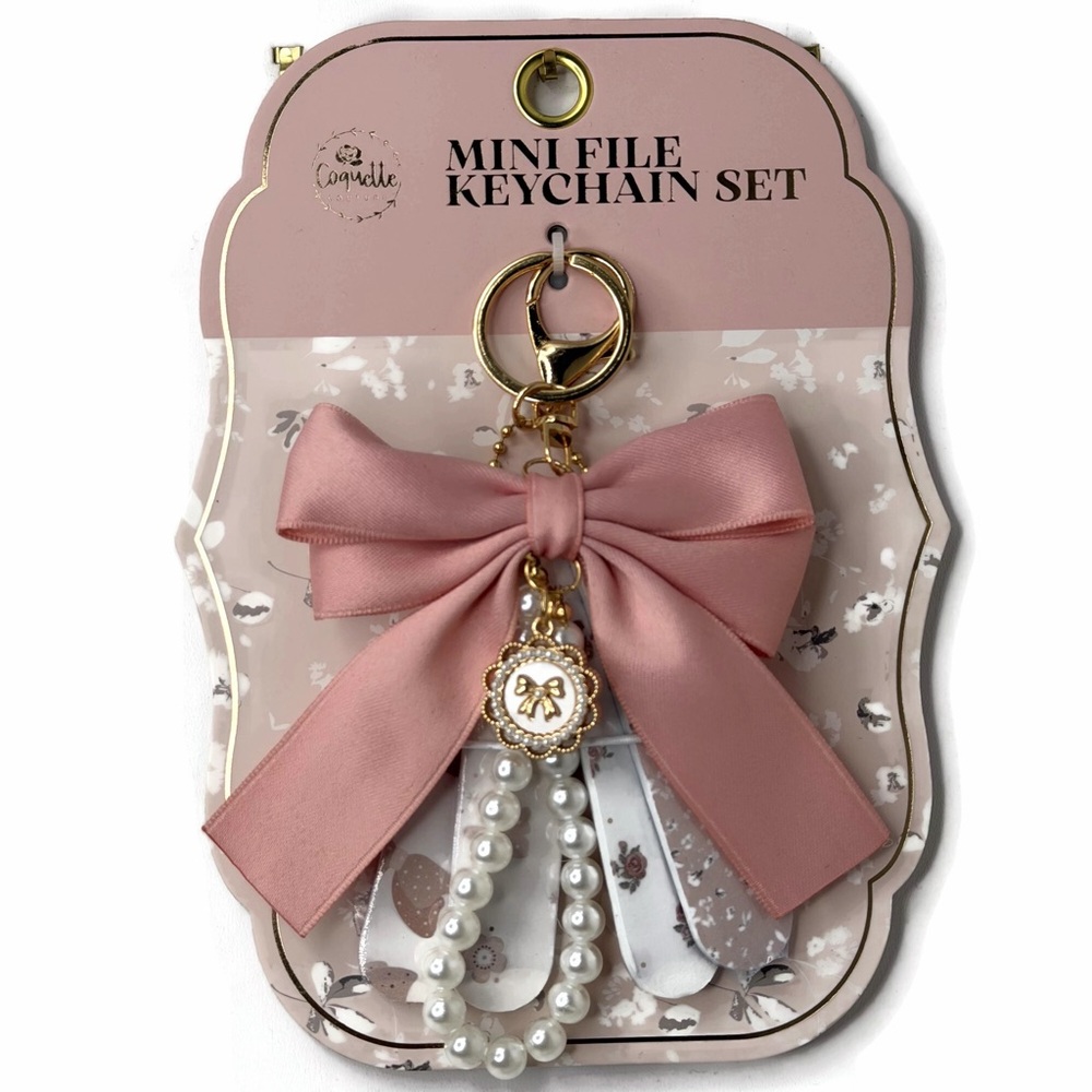 Pink Bow Faux Pearl Bag Charm and Mini File Keychain Set